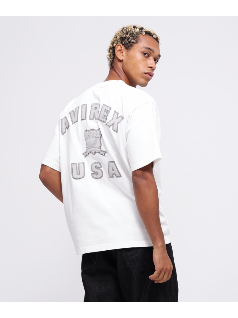 【SALE／30%OFF】《直営店限定》SIGNATURE VARSITY LEATHER LOGO T-SHIRT / シグネチャー バーシティ レザー ロゴ Tシ AVIREX アヴィレックス トップス カットソー・Tシャツ ホワイト ブラック【RBA_E】【送料無料】[ Fashion]