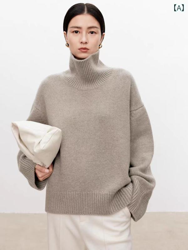 ヨーロッパの 商品の 大きい サイズの 秋冬の ウールの セーターの 女性の高 襟の カバーの 頭の 厚い 郭の 形の カシミヤの セーターの 女性は ゆったり して いて 怠惰な 風の 中で 掛けます。