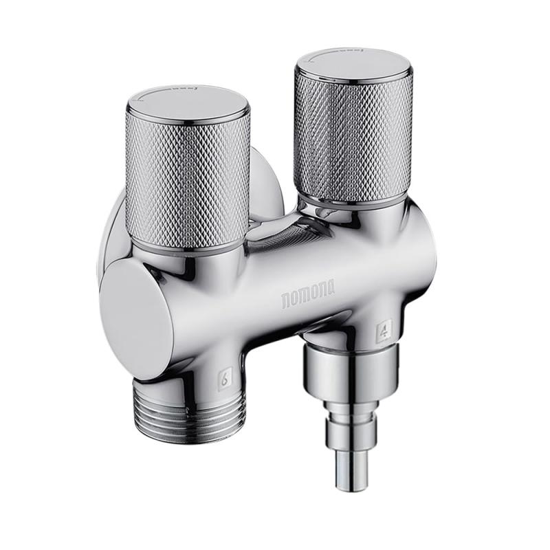 nomona 三方アングルバルブ 真鍮製双口水栓 洗濯機用二股蛇口 ミニ2口蛇口 G1/2"オネジポート(壁用)G3/4" G1/2" 水漏れ防止ストッパー付きニップル(水出口用)|うたかた雑貨