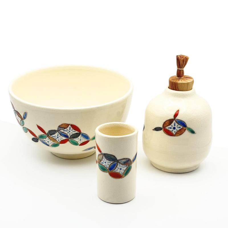 茶道具 三点仕掛ける(茶碗・振り出し・茶巾筒) 破七宝 宝尽し 黄海門 志野 瀬戸もの三点揃 お読み合わせる用 譲りわたす用 差し上げ物用