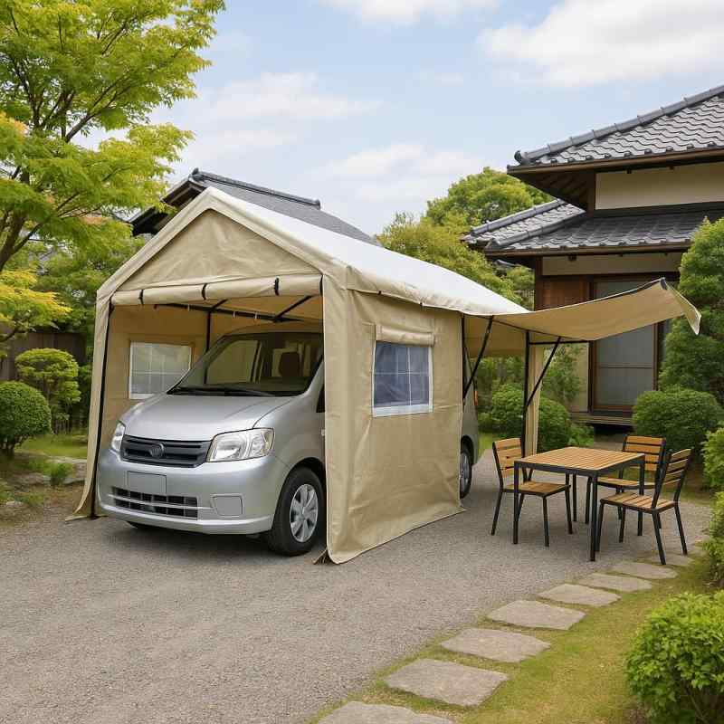 BTM テント車庫テント ガレージテント 3×6m UV カーポート 軽自動車用 大型 車 駐車 スチール製 頑丈 仮設倉庫 タープ【UV?防水 上開きドア】【ベージュ】