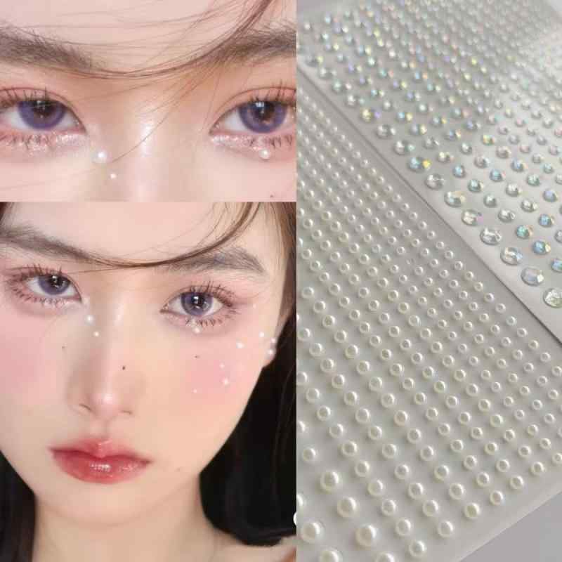 960個 顔 シール【2セット】真珠+ラインストーン シール フェースステッカー ハート リボン かわいい 自己粘着性 3D 光る キラキラ フェイスストーン 顔面デコ ネイルデコパーツ 携帯電話飾画像