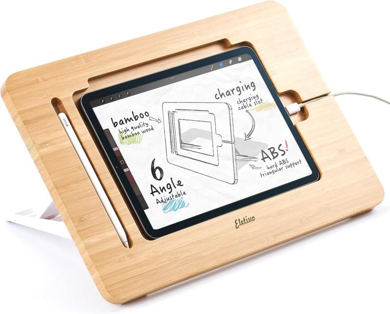 ELEKOOCON竹製木製ipad ペンキ屋照明ランプ、木筆と申し受ける有線テレビ拡張スロット付き添い人、多角度自然調整能力のある経口避妊薬学習机とっ始め折り畳み式持ちはこび用ipad 置き台、iPad Pro12.9in 第3/4/5時人に相応う