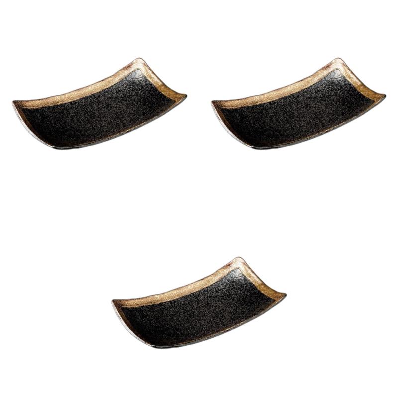 セトモノホンポ(Setomonohonpo) 3個セット 黒ちらし渕金巻9.0足付長角皿 [ 24×14×5.5cm ] | 長皿陶磁器強化