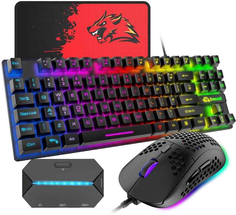 ゲーミングキーボード マウス コンバータ付き 88キー 軽量 LEDバックライト USB接続 エルゴノミック 防水 ゲーマーやタイピストに最適、6400DPIゲーミングマウス マウスパット付き 日本語取扱