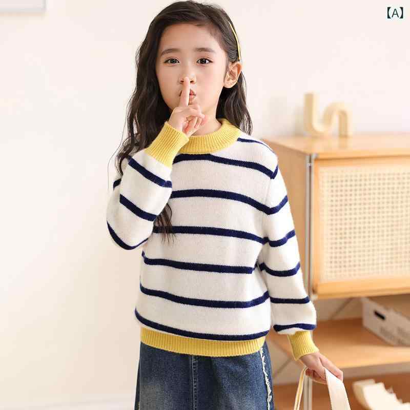 双 股は 100純 羊毛の ちびっ子を 厚く して、 秋冬の 耳あたらしい 色の 縞の 長袖の プルオーバーを 着ます。