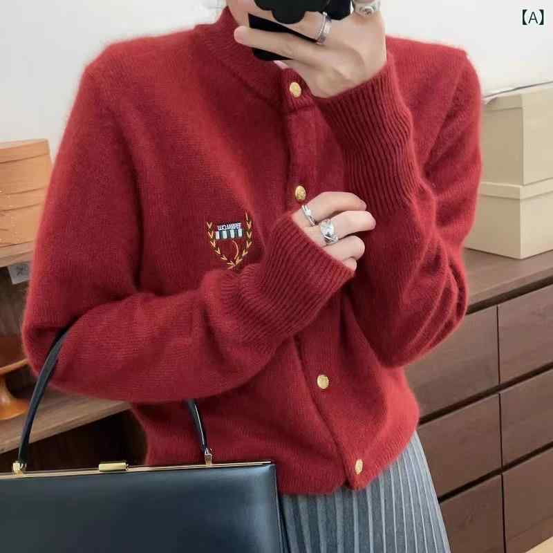 春秋 新作 学院 風 バッジ 刺繍 レディース 100純 ウール カーディガン 丸首 ファッションボタンメリヤスコート
