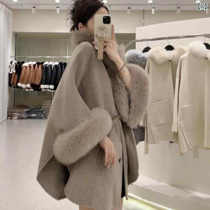 2025 新しい 韓国 スタイルの 高級 フォックス ファー 襟 マント 両面 カシミヤ コート 女性の ミッドレングスウールコート