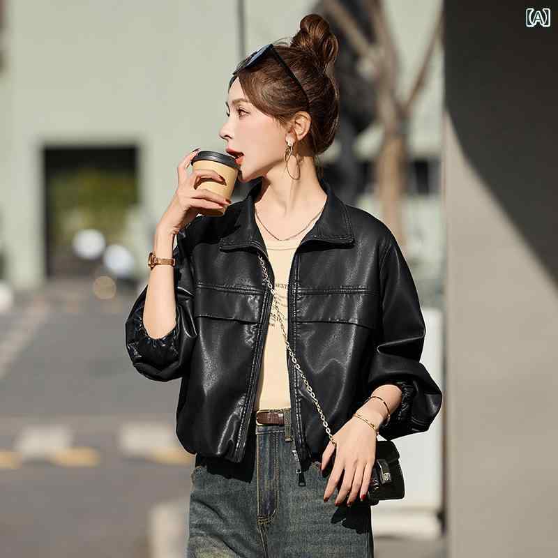 女性の 皮の 服の 綿羊の 皮の 復古の 香港 風の カジュアルな 革の ジャケットの 韓国 版の 潮流の ゆったり して いる 気質の 襟の 機関 車の コートを ひっくり返します。｜うたかた雑貨