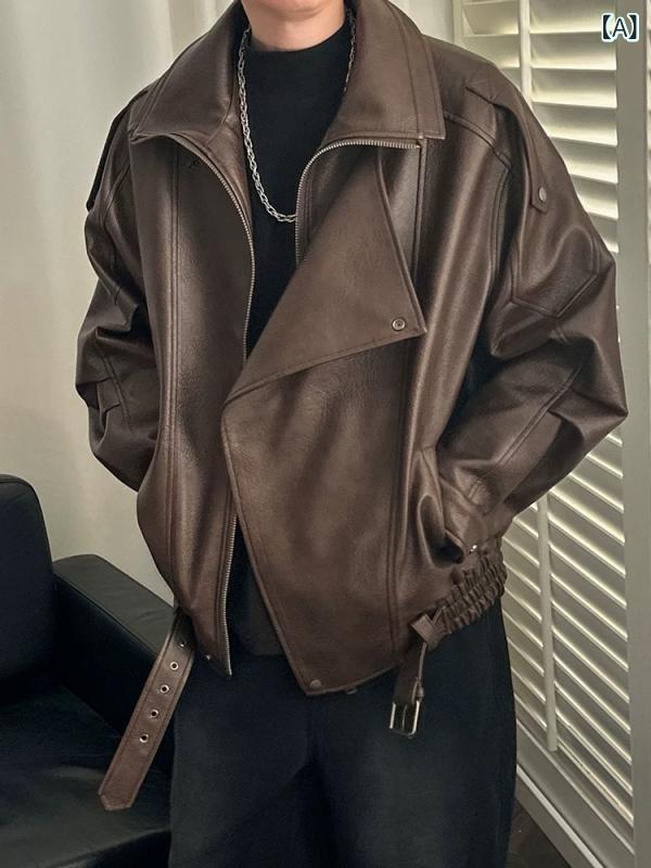 アメリカの ごろつきの ハンサムな 皮の 服の 黒い コートの 男性の 高級 感の 春秋の 新型の 復古の ゆったり して いる ファスナーの純 色の ジャケット