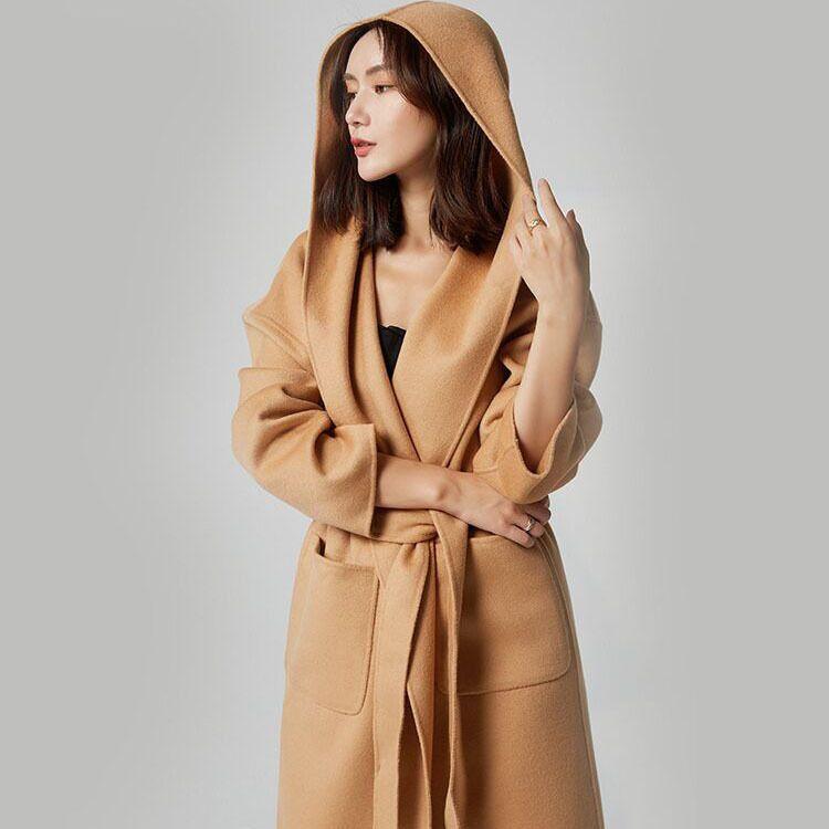 Max 両面の カシミヤの コートの 女性 2023 新型の 韓国 版の 帽子の スト ラップの 厚い 修身の ウールの ラシャの コートの 女性