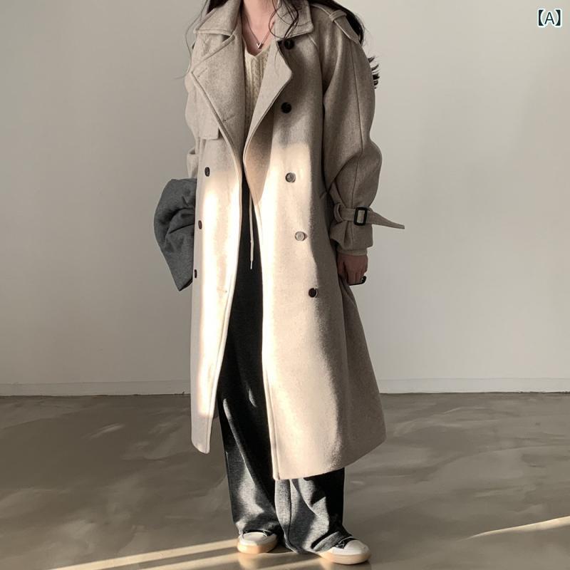 韓国の シックな 冬の フランスの 気質 通勤 ダブルブレストレースアップ 暖かい 厚みの ある ロングウールコート 女性 用