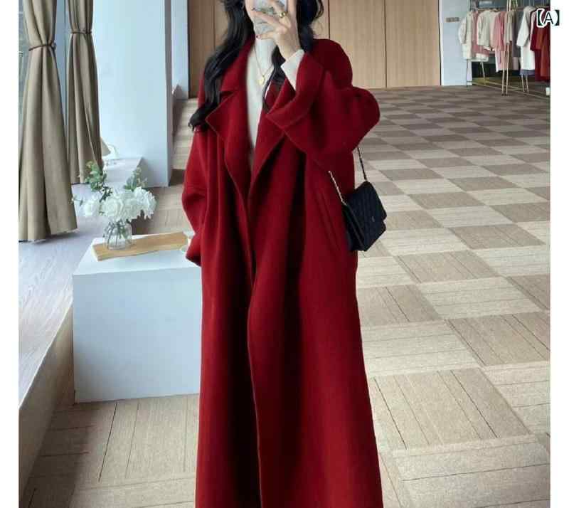 シチリアの 赤い 新年の 軍服 クリスマスの 両面の カシミヤの ウールの コートの 女性の ストラップの 長い タイプの ハイ エンドの ラシャの コート