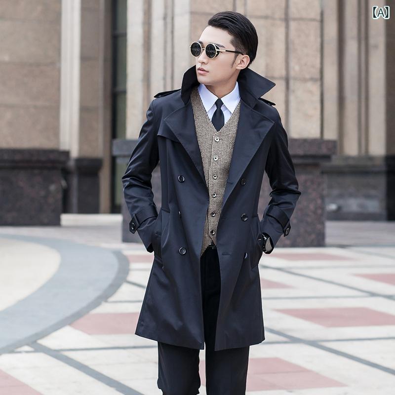 春秋 風 衣 男の 中 長 タイプの 韓国 風 ビジネス カジュアル コート 英 倫 風 かっこいい ファッション コート 男 塹壕 風 衣