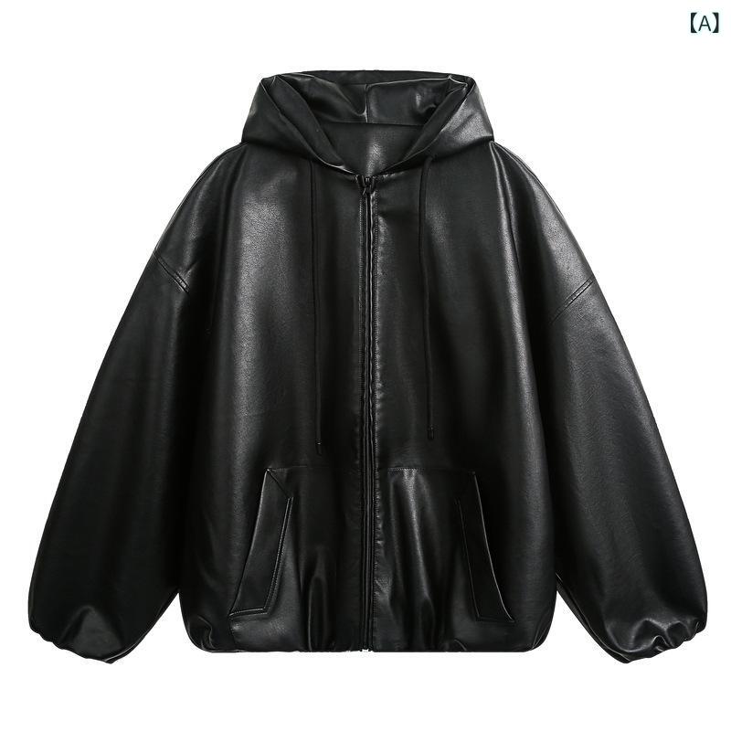 亜米利加の レ トロな高 街の ごろつきの かっこいい 気味合いの PUの純 色の 黒いことの 皮の 服の 厚地の外套の 成人男性の 年月の 金の かぶり笠の ゆったり して いる 好一対の 上衣
