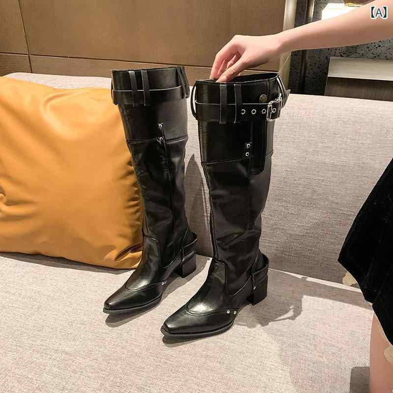 女性 用 膝 丈 ブーツ 2025 春と 秋の アプリコットスエードポインテッドトゥブーツ 女性 用 厚い ヒールスリムプリーツパイルブーツ