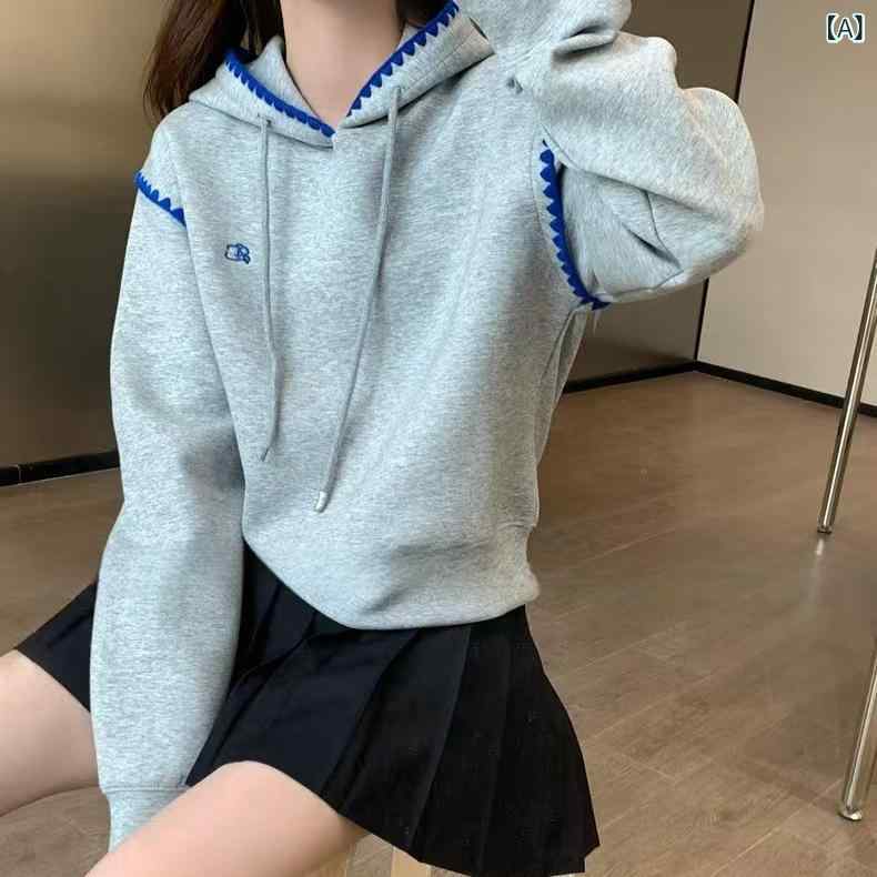 2024 秋と 冬の 新しい フード 付き スウェットシャツ 女性の ADERH 韓国 スタイル シェル 刺繍 小 パーカールーズ偽 ツーピース ジャケット