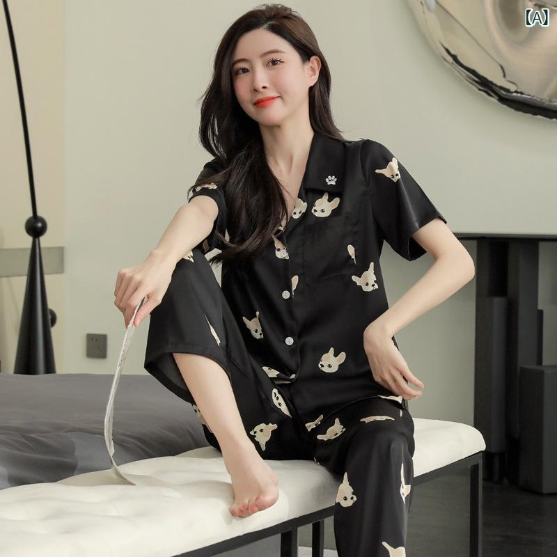 夏の 若者 韓国 カップルアイスシルク 薄い パジャマ 半袖 ズボン スーツ 男性と 女性の 漫画 シルク ホーム 服