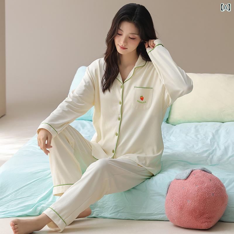 新しい カップル 用 パジャマ、 女性 用 秋 用 純綿 カーディガン、 高品 質 ホームウェアセット、 女性 用 快適、 男性 用 春秋 用 外 着