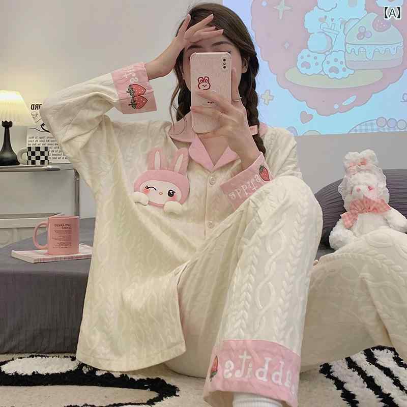 春と 秋の 新しい 綿の パジャマの 女性の 襟の ジャカードの 長袖の ズボンの 少女の かわいい 甘い 家の 服の 2つの セット