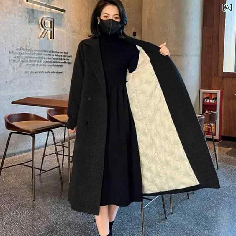 黒い 白 鴨の ダウン コートの 女性 2025 秋冬の 韓国 版の ダブル ボタンの 中の 長い タイプの 保温 毛は ダウン ジャケットの 女性です。