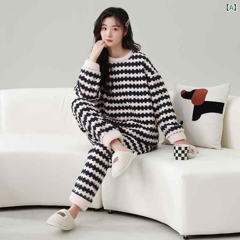 冬の パジャマの 女性 カシミヤの 丸襟の 頭の カジュアルな カップルの 部屋の 服の シンプルな ストライプの 保温の 男性の スーツ