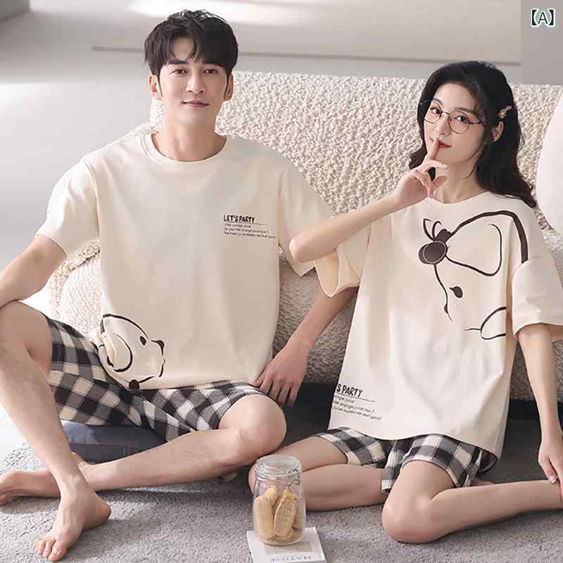 カップル パジャマ 女性 夏 100 % 純綿 2025 新型 男性 半袖半 ズボン 綿 韓国 版 家庭 服 セット