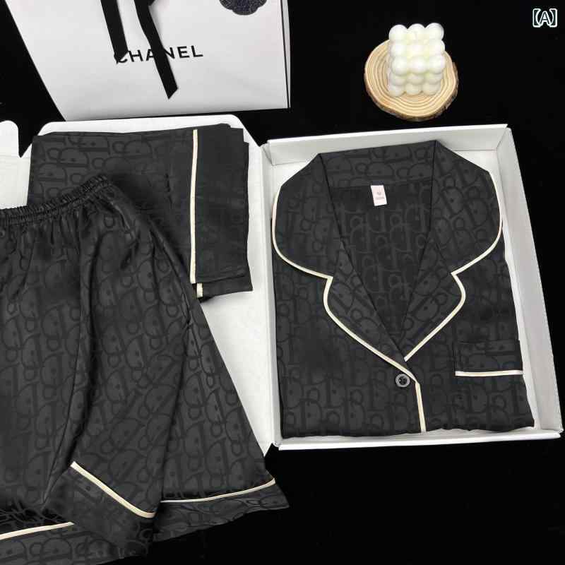 ジャカードパジャマカップル 夏 春秋 薄い 女性の アイスシルクサテン 半袖 ホーム 服 セット 男性 用 3 点 セット