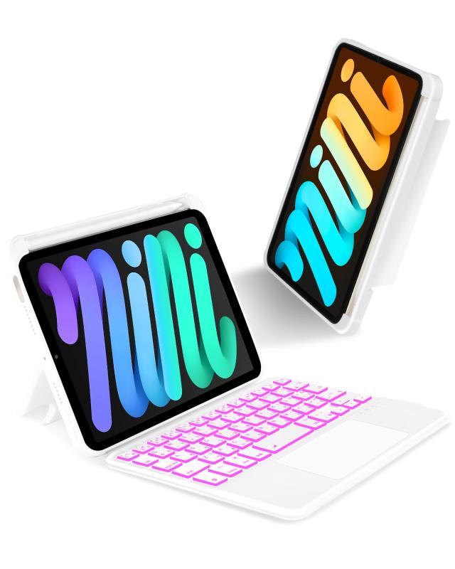 EAMPANG 日本語割り付けるiPad mini 7 (A17 Pro) 2024/6 8.3in 2021鍵盤付き添い人入れもの, 7色うしろ側ともし火磁気取りはずし能力のあるUSB-C申し受ける タッチパッド付き添い人神通力鍵盤140°自然調整能力のあるなスタンドペンホル 白+英語-黒+日本語