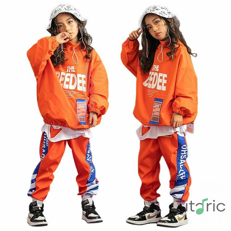キッズダンス 練習着 女の子 ウィンドブレーカー ズボン オレンジ キッズダンス衣装 女の子 セットアップ 子供服 k-pop 子供ダンス ヒップホップ 衣装 女子 派手 ストリート系 110 120 130 140 150 160 170 180画像