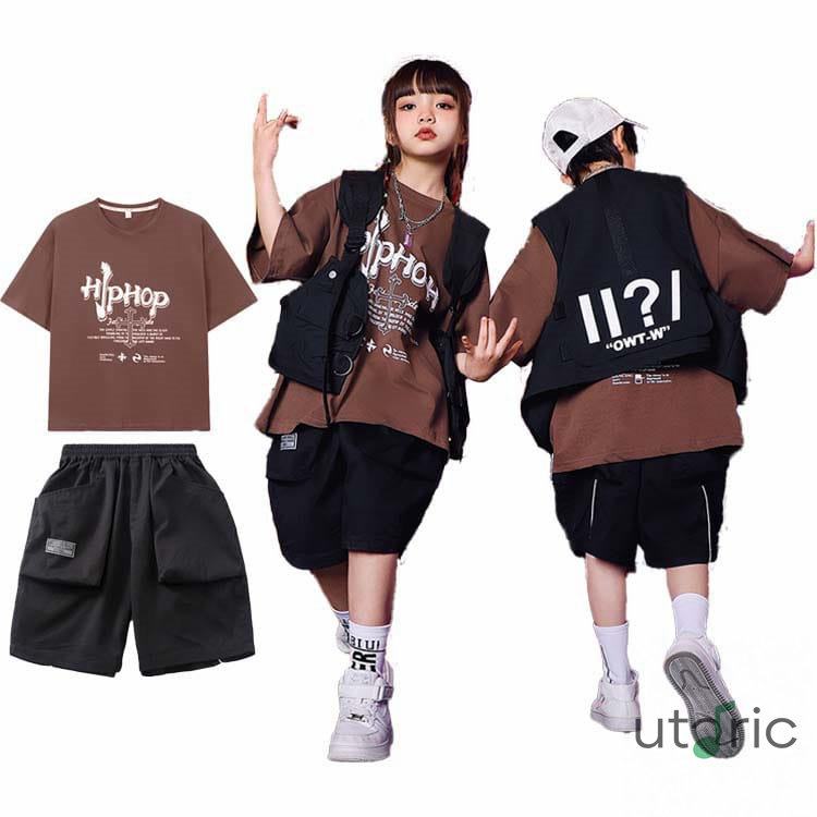 キッズダンス衣装 セットアップ ヒップホップ ベスト パンツ 子供服 男の子 女の子 tシャツ ショート丈 半袖 モカブラウン グレージュ 英文字プリント パンツ ハーフパンツ 段袋 黒 ベスト 袖無し ブラック シンプル系 大きいサイズ カッコイイ おしゃれ