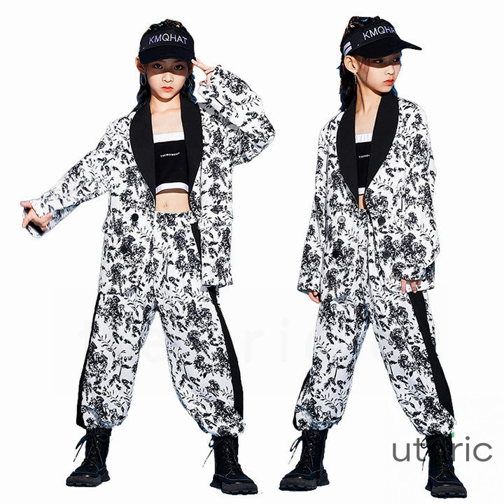 総柄 子供ダンス 衣装 スーツセット 女の子 キッズ ダンス衣装 ヒップホップ ジャケット パンツ 子供服 キッズダンス衣装 ジャズ 上下セット 韓国風 おしゃれ 原宿 ダンスウエア 演出服 練習着