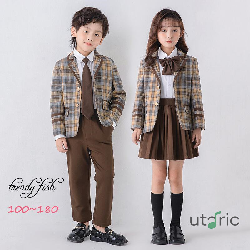 フォーマル スーツ 男の子 女の子 セットアップ ブラウン 制服 チェック柄 バッジ ネクタイ 蝶結び 七五三 入園式 入学式 卒業式 発表会 演奏会 お受験 結婚式 大きいサイズ 小さいサイズ 長袖 フォーマルウェア 送料無料