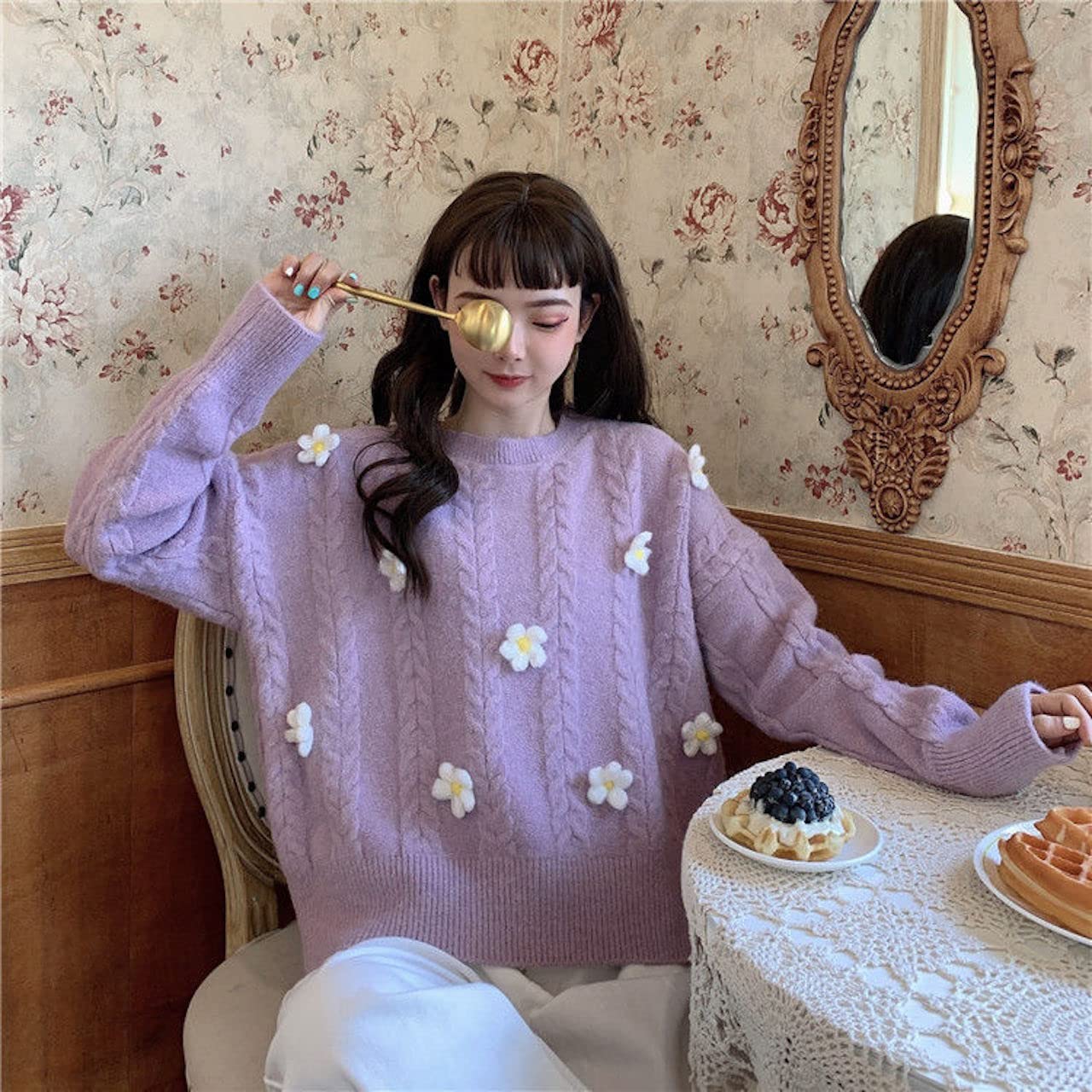 レディース ニットセーター 花柄セーター リブセーター 秋冬セーター ニットトップス ラウンドネック ゆったり カジュアル きれいめ 可愛い オシャレ レトロ 通学 通勤 普段着 部屋着 4色 秋冬