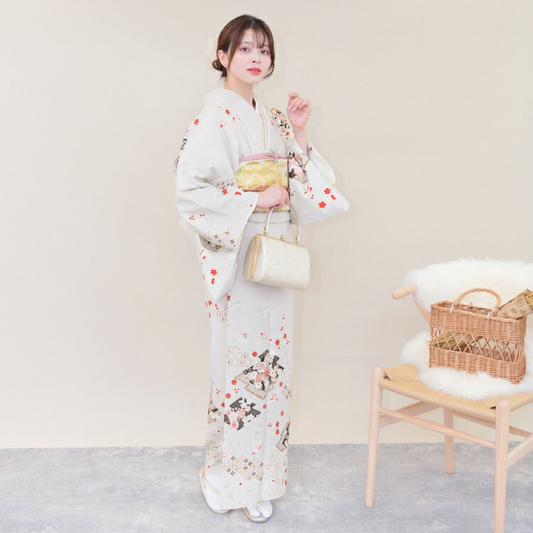 楽天市場 レンタル 往復送料無料 訪問着 結婚式 卒業式 お茶会 食事会 入学式 お仕立て上がり お出かけ着 フォーマル お宮参り 七五三 観劇 園遊会 祝賀会 女性 着物 母親 お母さん 袋帯 フルセット 安い レトロ 大正浪漫 古典 ベージュ 梅 七宝 白鳥 牡丹 菊