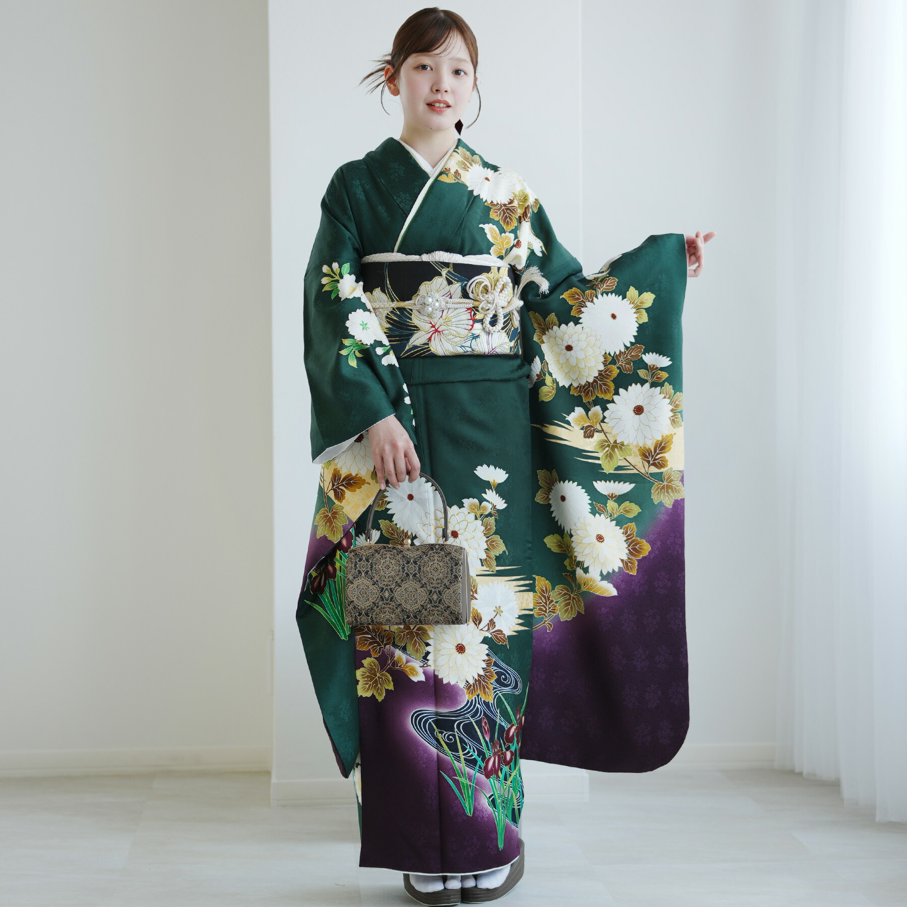 振袖セット【719】緑　オレンジ 振袖レンタル 成人式 フルセット オレンジ 黄色 結婚式