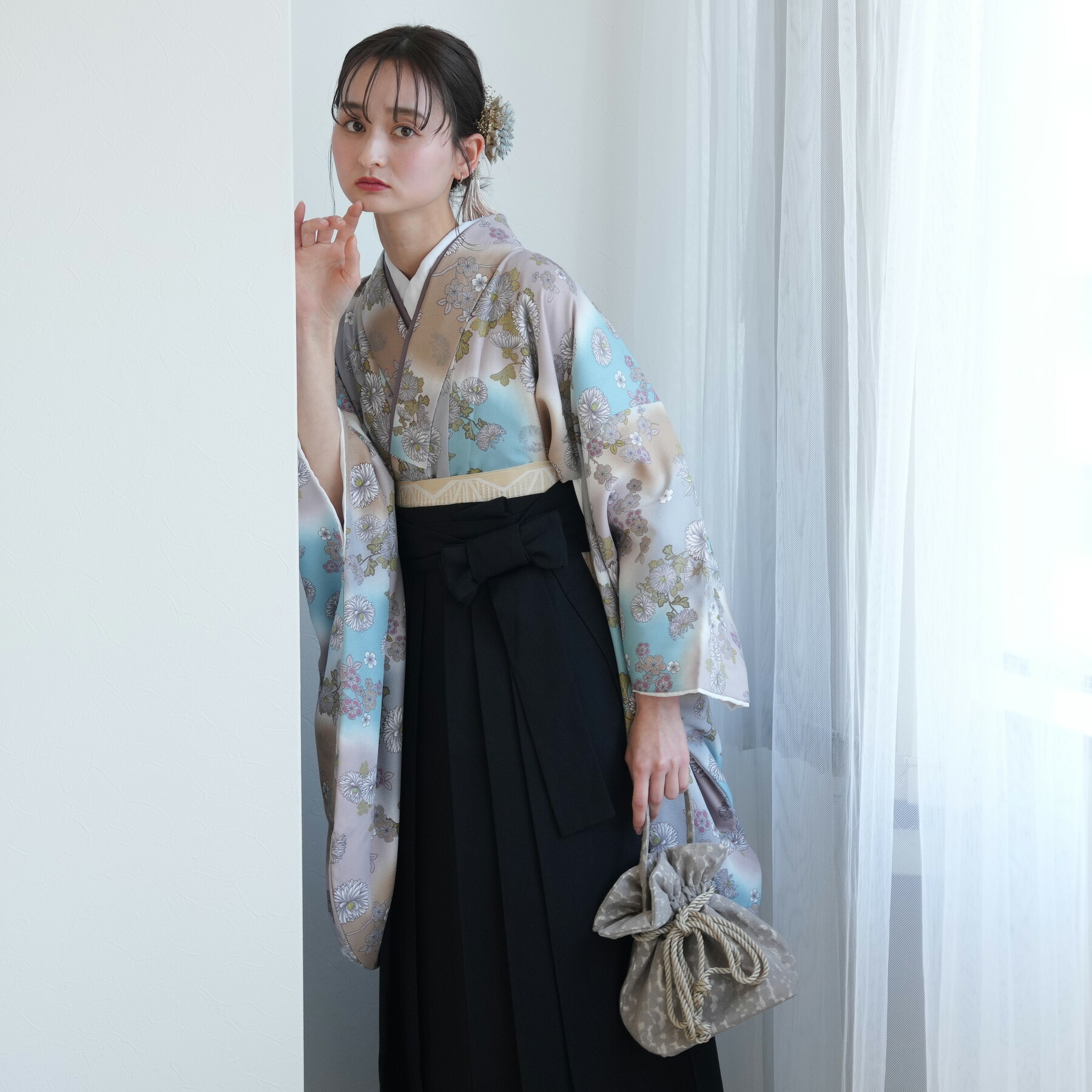 【utatane】ひよこ商店 二尺袖(重ね襟縫い付け済み） 袴 2点セット 2尺袖着物 utatane 卒業式 販売 袴91-99cm（身長