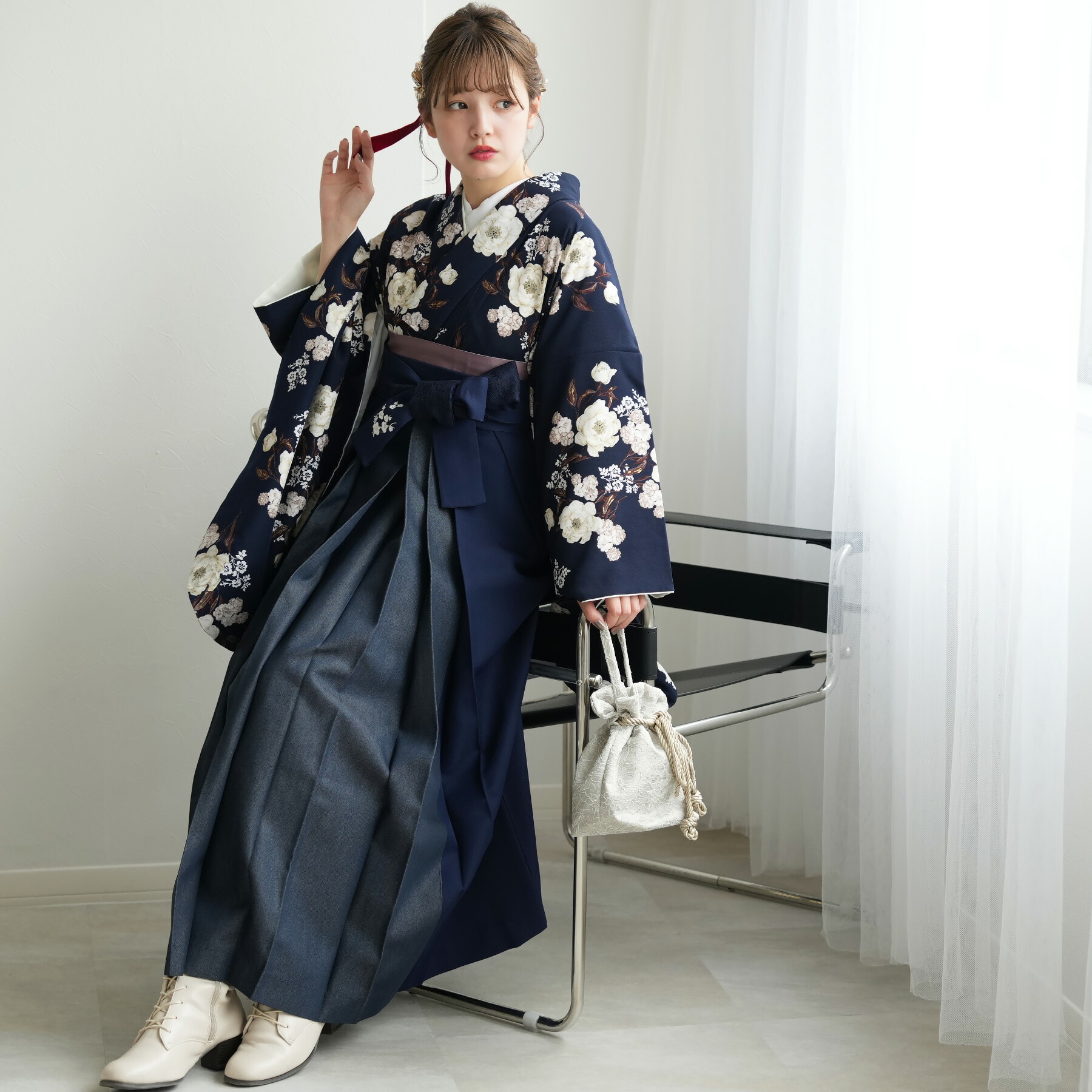着物袴セット 楽天市場】【レンタル】【Heather 袴 17点セット ブラックに疋田