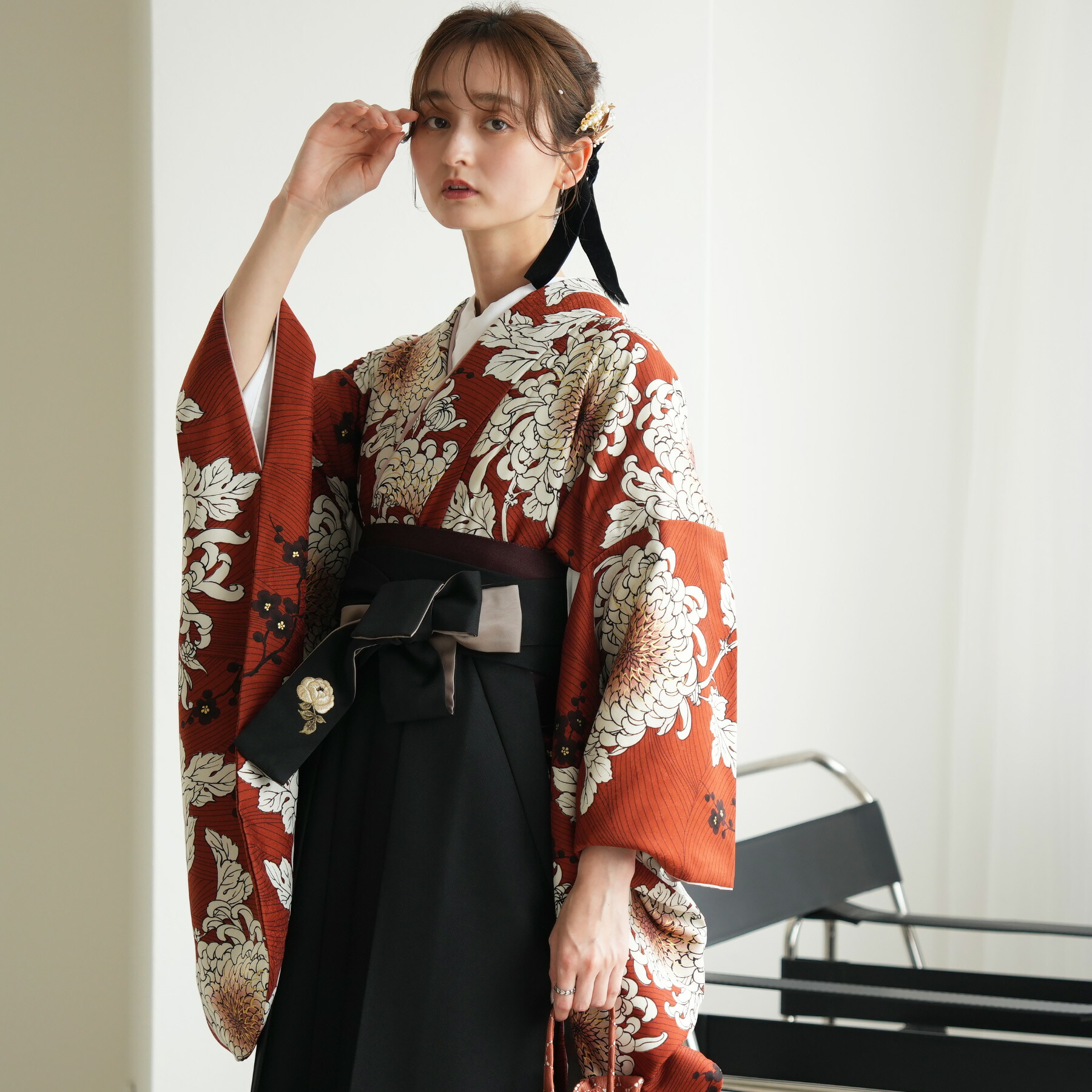 utatane 袴 袴セット utatane 格子ベージュにニュアンス椿（着物）｜utatane