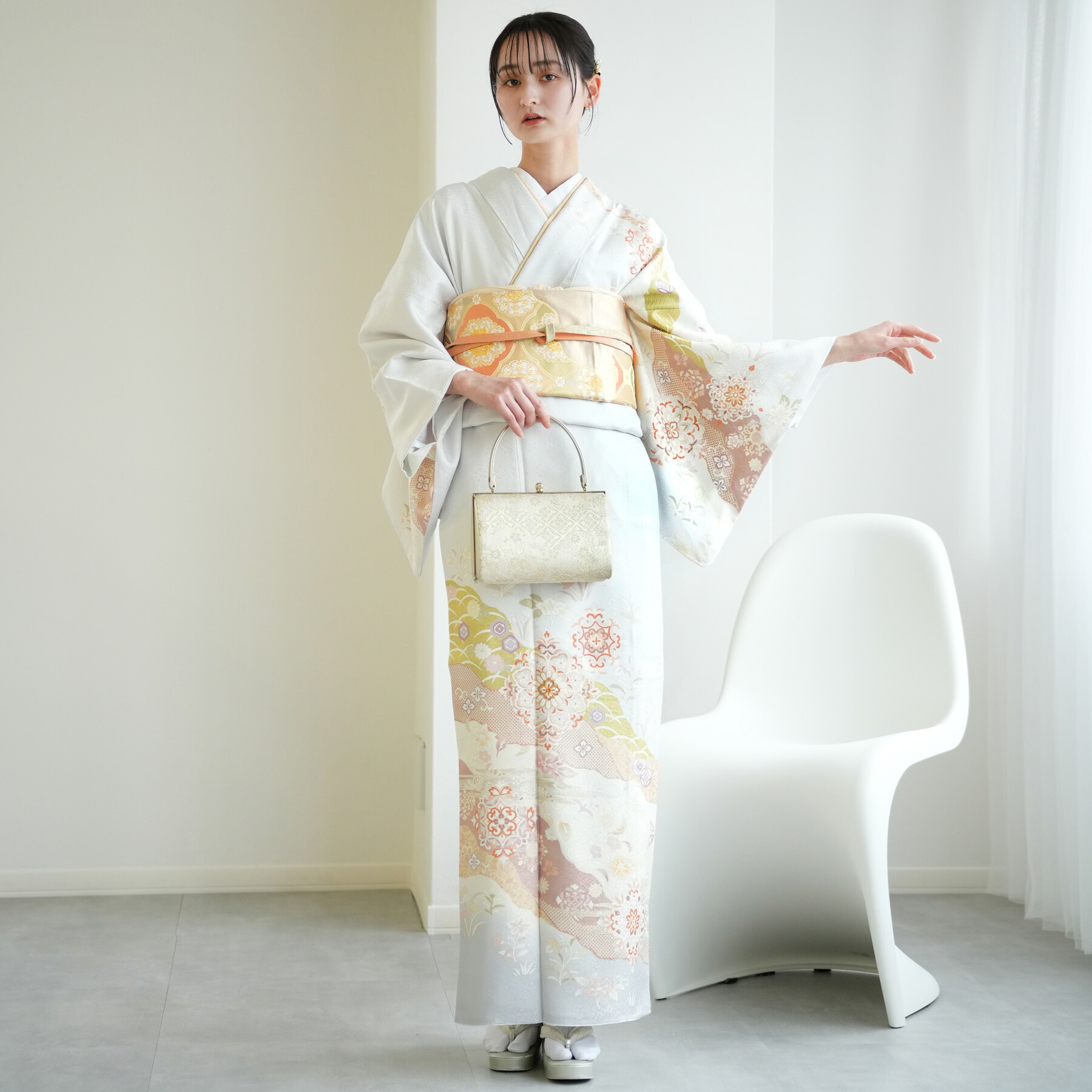 【レンタル 訪問着20点フルセット 雪色に唐花文】訪問着 結婚式 参列 ゲスト 卒業式 お茶会 食事会 入学式 フォーマル お宮参り 七五三 観劇 祝賀会 女性 着物 母親 着物＆袋帯 フルセット 安い 新品足袋プレゼント 往復送料無料