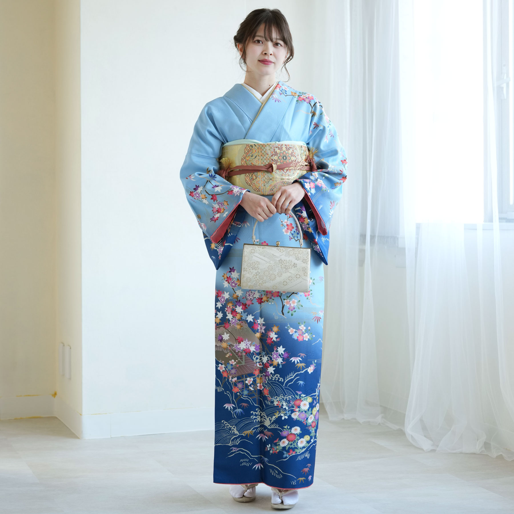 【レンタル】訪問着 結婚式 卒業式 お茶会 食事会 入学式 お仕立て上がり 女 お出かけ着 フォーマル お宮参り 七五三 観劇 園遊会 祝賀会 女性 着物 母親 お母さん 袋帯 フルセット 安い レトロ 大正浪漫 古典 青 水色 紅葉 梅 往復送料無料