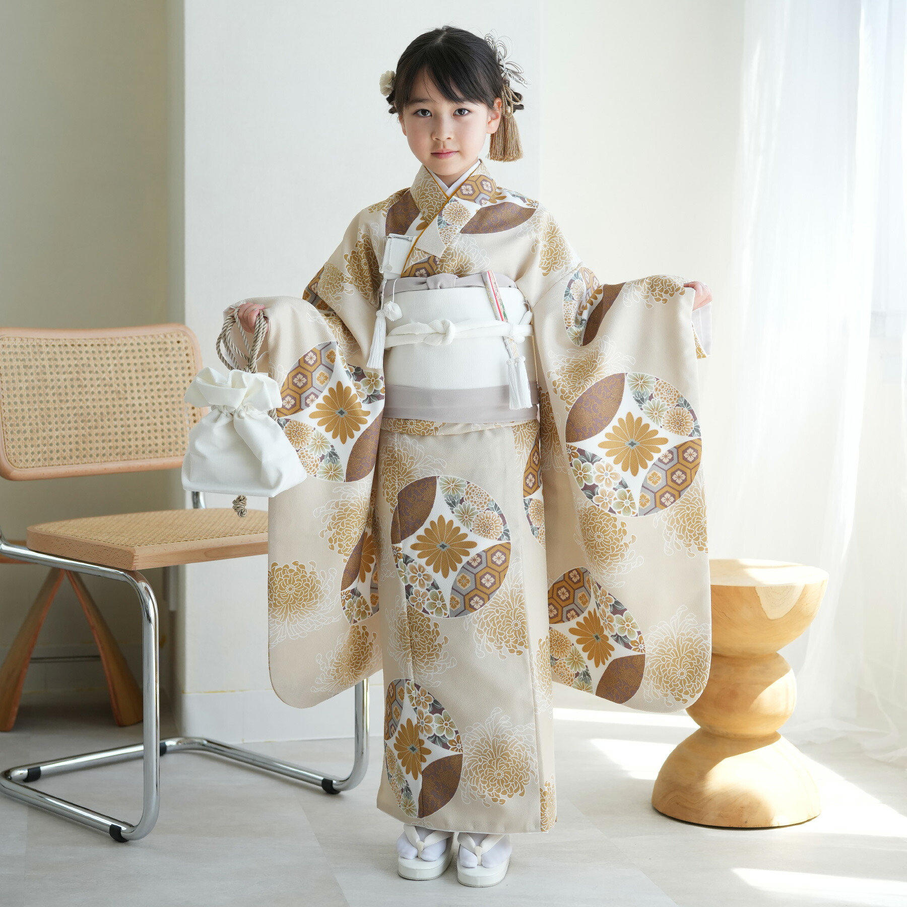 【コメントの方専用】ひよこ商店3歳七五三　花 薄ピンク クリーム銀彩×グレー雪輪 七五三 3歳 ひよこ商店 被布セット 三つ身 お祝い着 グレー雪輪