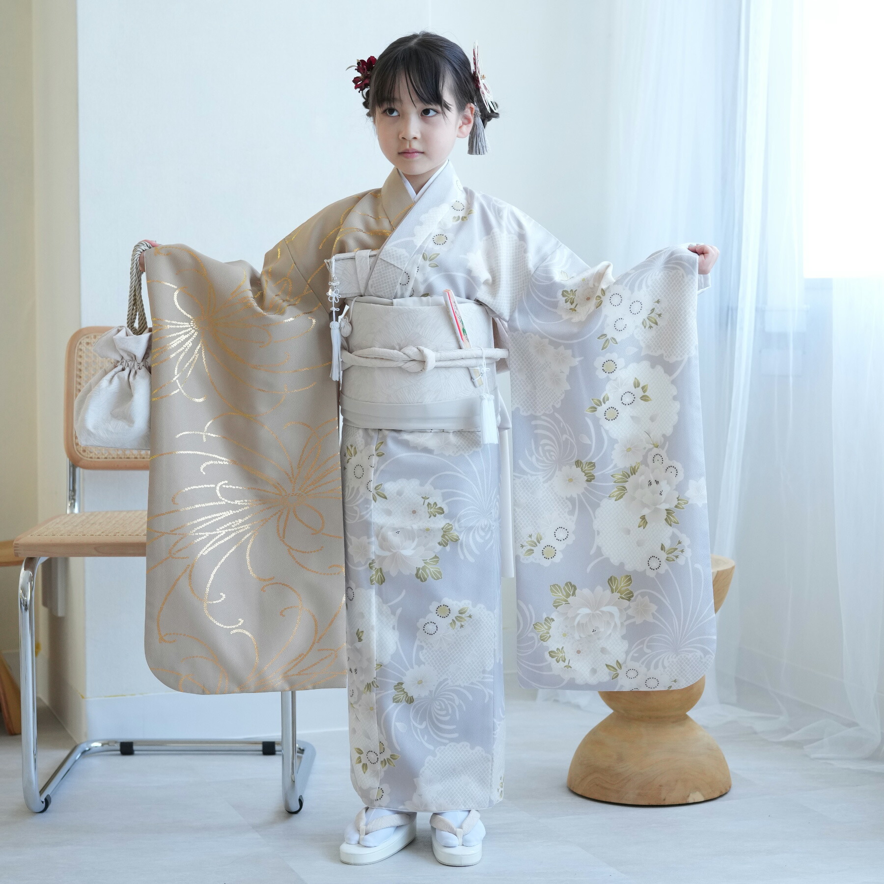 ひよこ商店＊新品＊くすみカラー薄紫の着物と白の帯の筥迫セット ひよこ商店＊新品＊くすみカラー薄紫の着物と白の帯の筥迫