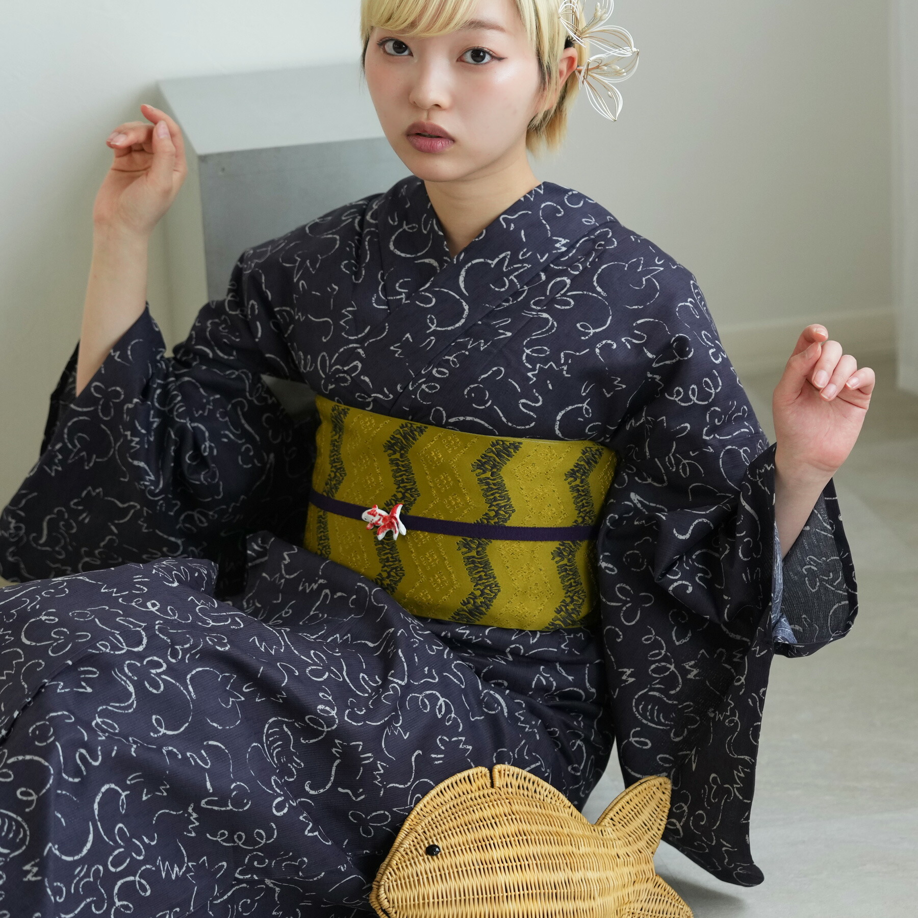 2026新作【ニコアンティーク 浴衣 単品 高級変わり織|紺地に干支(フリーサイズ)】国産生地・国内染色|独創的アーカイブ復刻|個性派レトロ|浴衣(ゆかた)|utatane