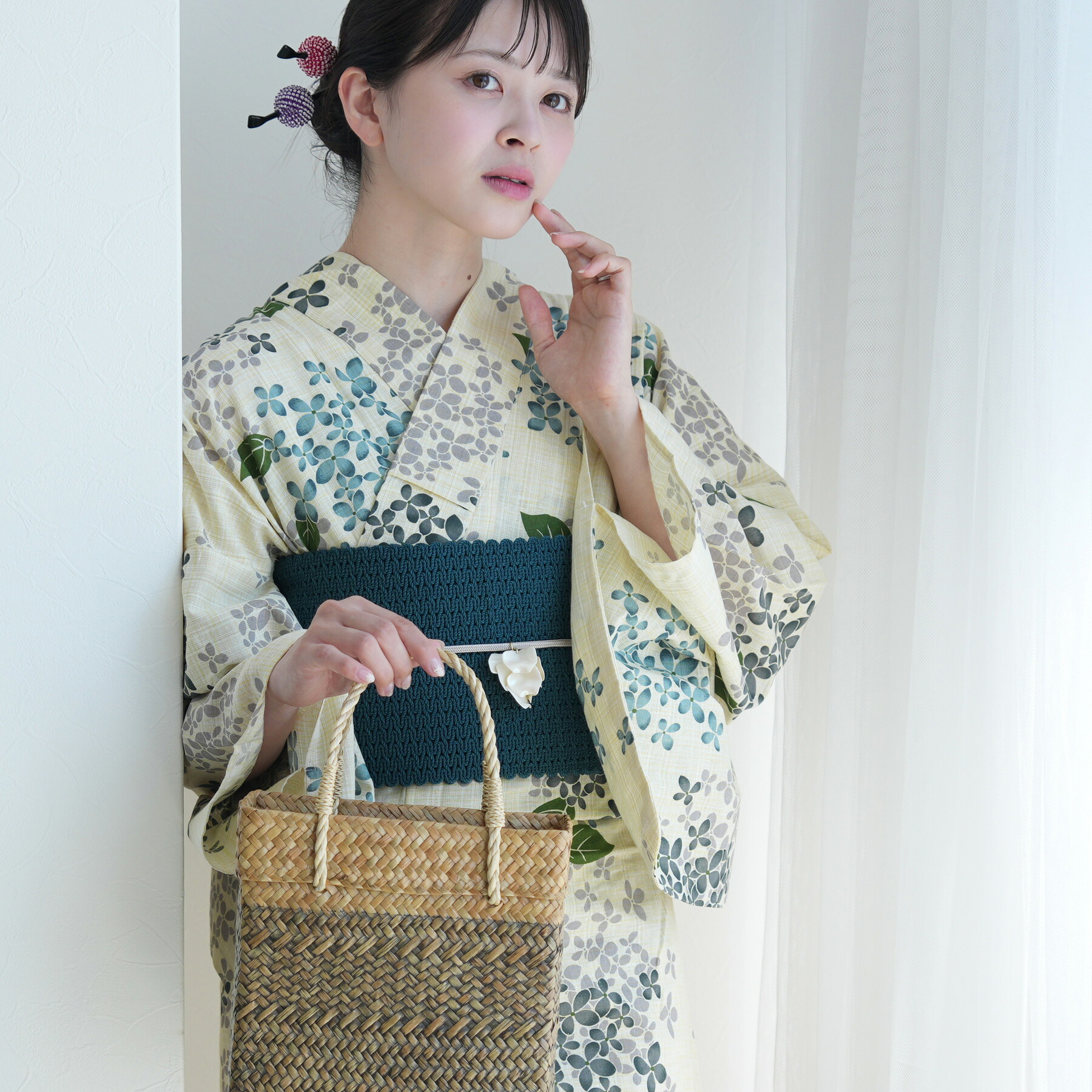 2026新作【utatane 浴衣 3点セット レディース 綿麻 高級変わり織｜先染めベージュ 美人あじさい（フリーサイズ）】特選・麻混/綿麻｜デパート品質｜浴衣・帯・下駄付き｜utatane