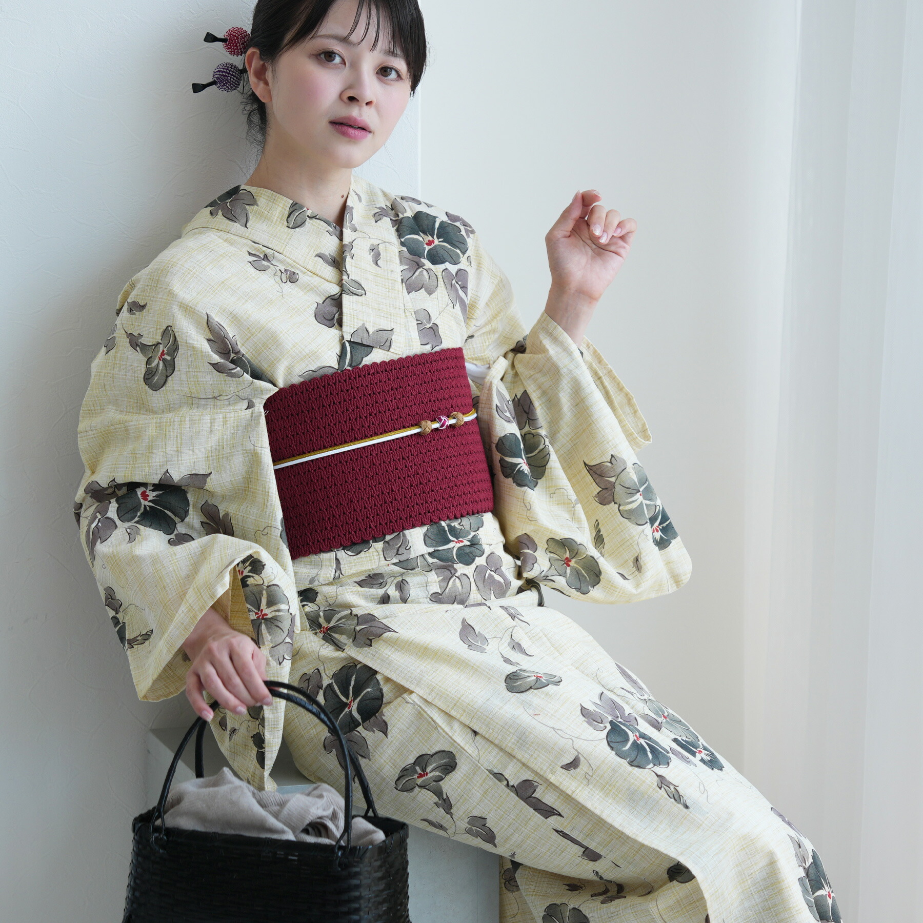 2026新作【utatane 浴衣 3点セット レディース 綿麻 高級変わり織｜先染めベージュ こぼれる朝顔（フリーサイズ）】特選・麻混/綿麻｜デパート品質｜浴衣・帯・下駄付き｜utatane