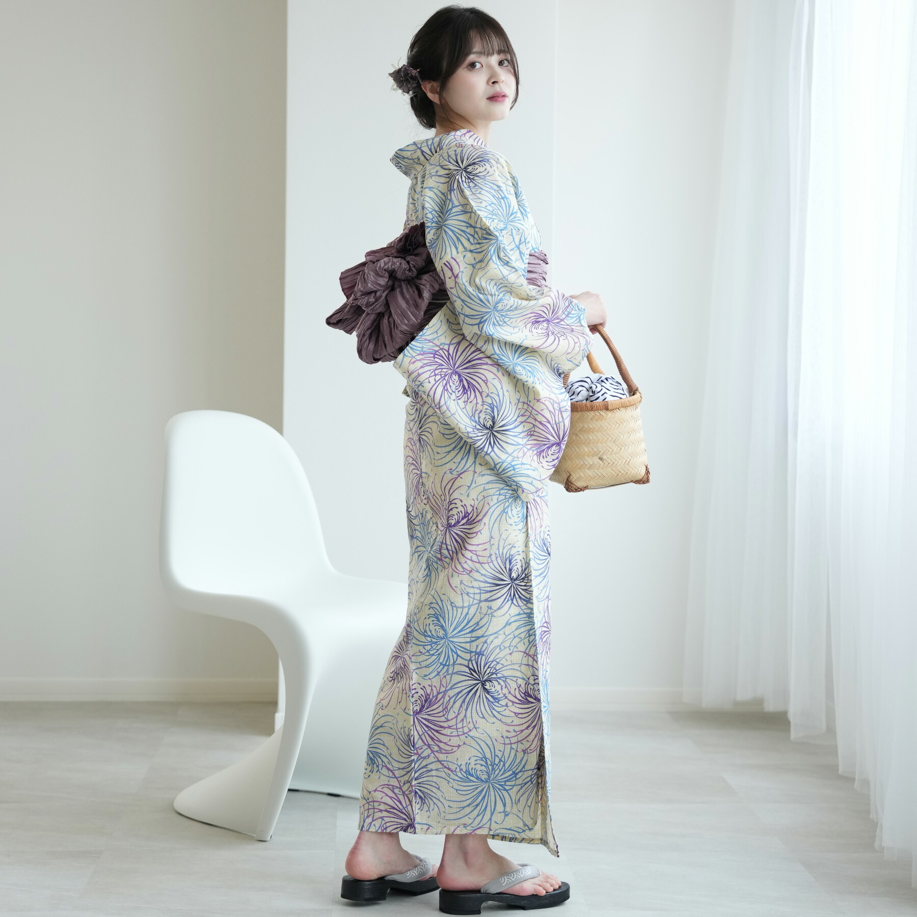 utatane 綿麻 高級変わり織 浴衣3点セット 先染めベージュ