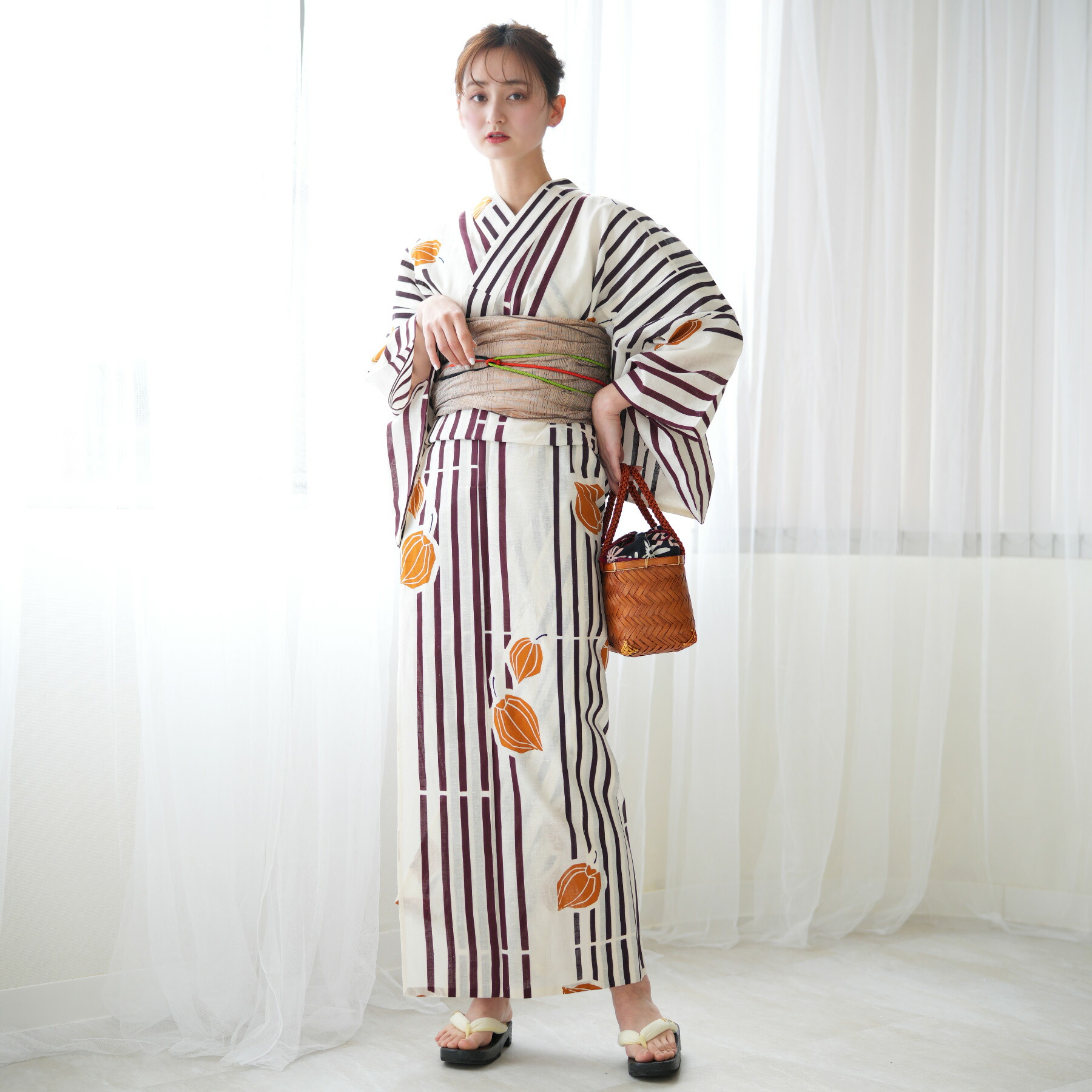 【utatane×注染工房 日本製小幅生地使用 浴衣3点セット ほおずき縞々モダン】特選シリーズ 注染 本染め にじみ 手染め ぼかし フリーサイズ 浴衣セット（ゆかた・帯・下駄）ですぐお出かけ 日本製 国産 手縫い併用国内縫製 奈良の職人さんの手染め