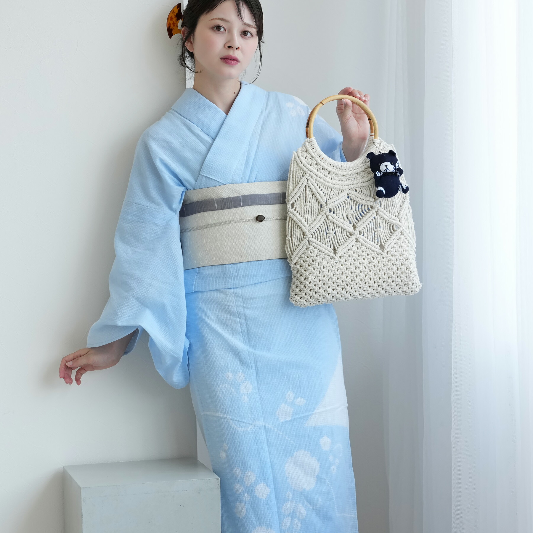 【10％OFF】2026新作【utatane 浴衣 3点セット レディース 特選 京鹿の子絞り・有松染め｜水色の雪輪（フリーサイズ）】伝統工芸｜綿麻｜本染め｜浴衣・帯・下駄付き｜utatane