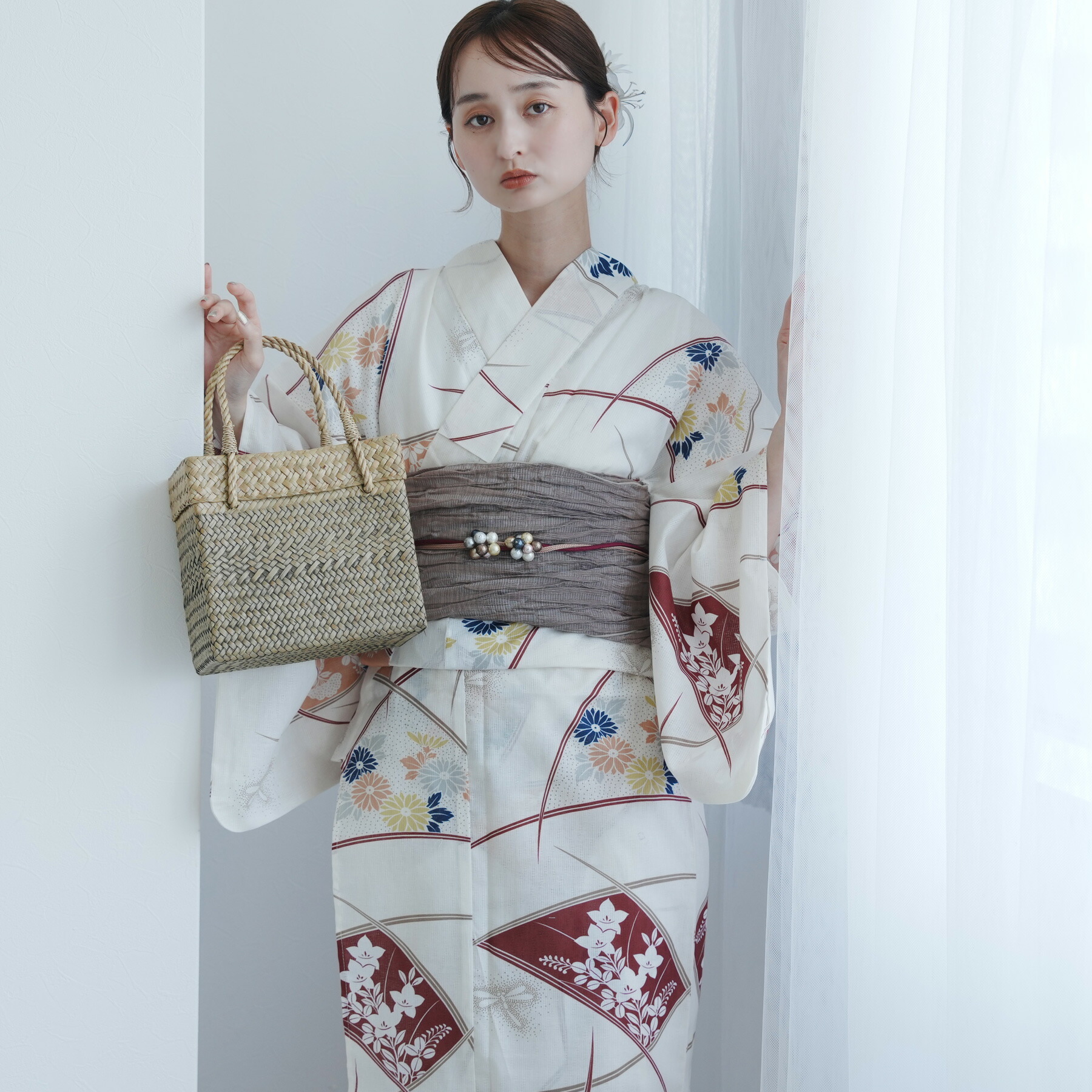 美品　utatane　浴衣セット　萩　ベージュ　ウタタネ　花柄　くすみ紫 utatane｜utatane/(W)高級変わり織り浴衣3点セット ベージュに